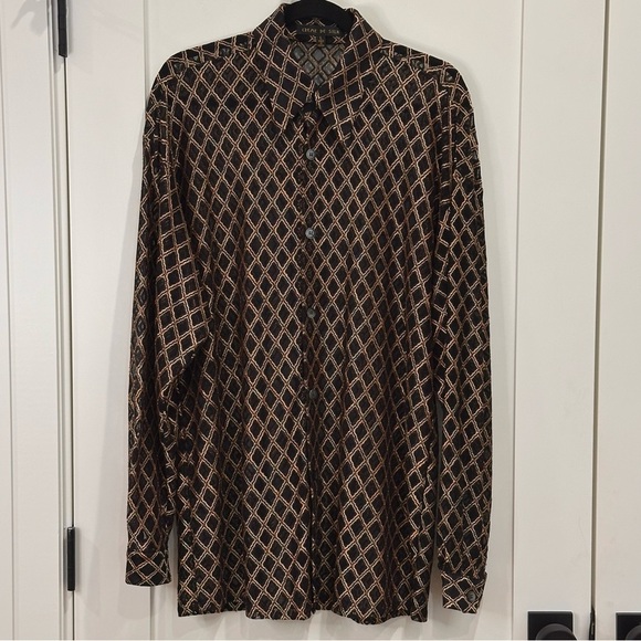 Creme De Silk Button Down Shirt Sheer Woven Lace Long Sleeve Gold Large Vintage - Picture 2 of 9